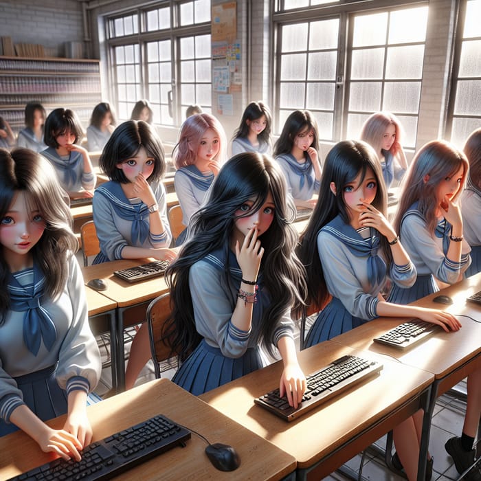 Captivating Moment: Six Asian Teen Girls Mesmerized by Their Silky Black Hair