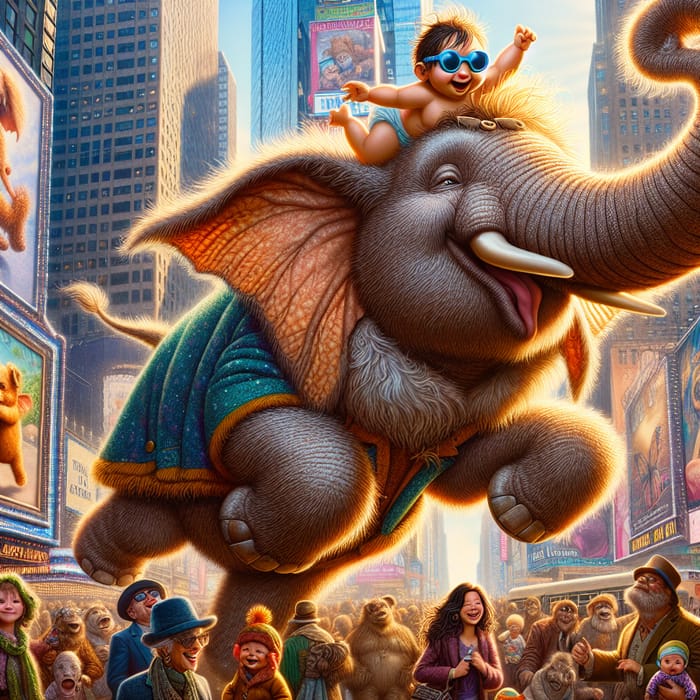 Whimsical Flying Elephant Carrying Baby in Times Square