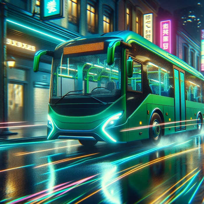 Turquoise Bus Speeding Through City Streets
