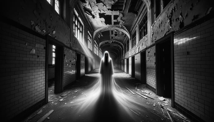 Spectral Figure Haunting Abandoned School - Eerie Black and White Photography