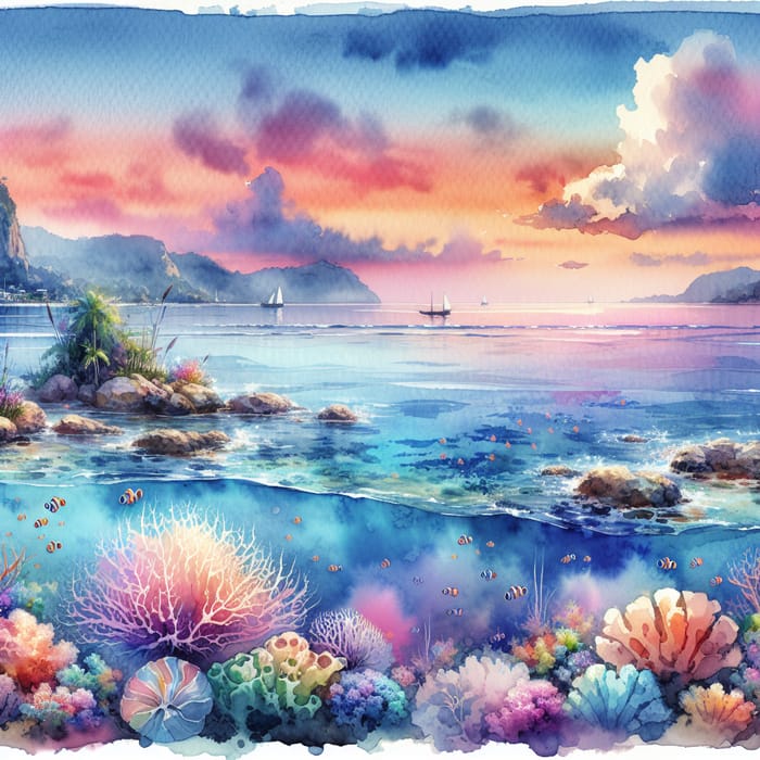 My Ocean Dream: Watercolor Fantasy Seaside Landscape at Dusk