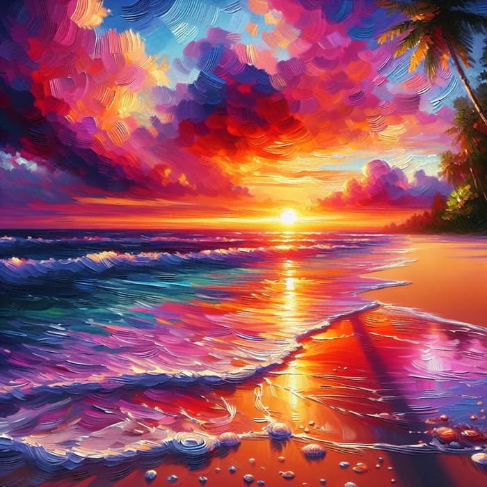 Impressionist Sunset Beach Painting in Vibrant Hues