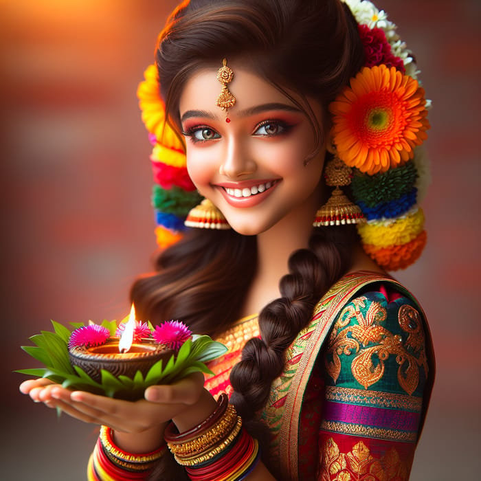 Portrait of a Joyful Tamil Girl in Traditional Pattu Pavadai Dress with Diya