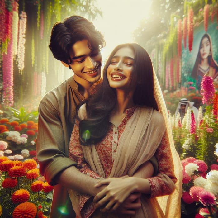 AAFAQ and MAIRA: Romantic Multicultural Couple Embracing in Flower-Filled Garden | Vintage Aesthetic