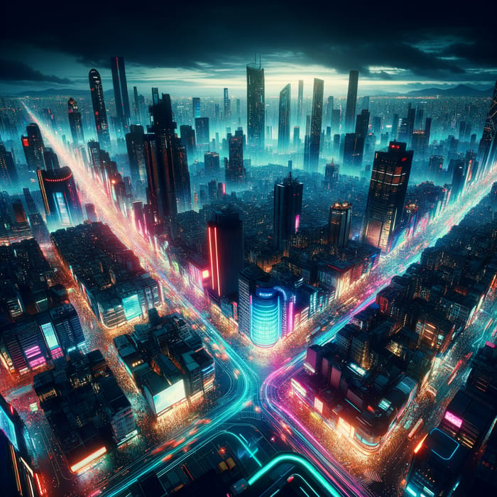 Cyberpunk Neon Cityscape: Vibrant Urban Life at Night