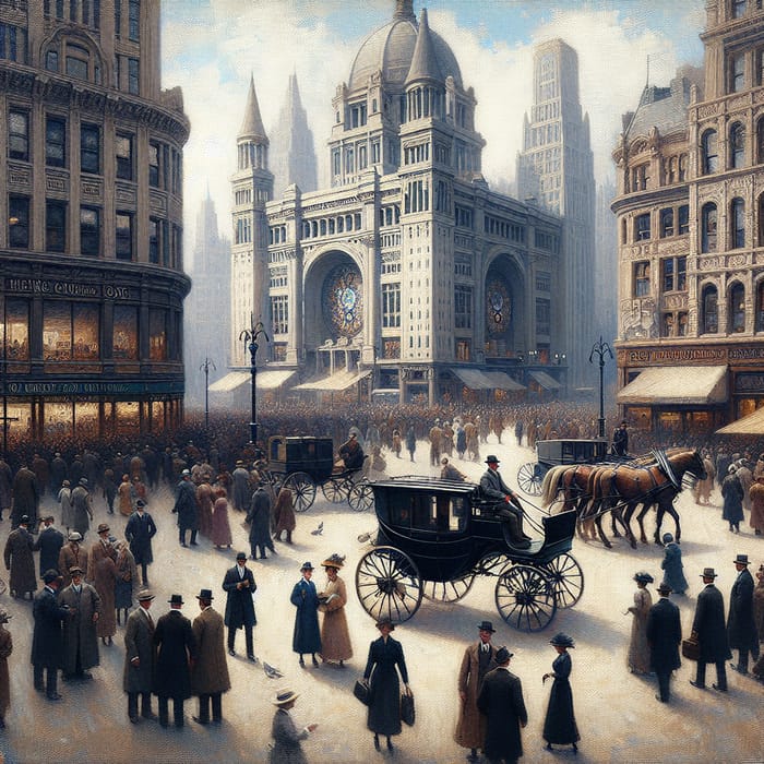 Bustling Plaza Scene: Early 20th Century American Cityscape by William Derrick