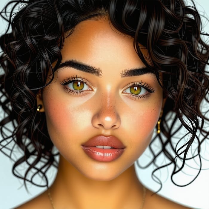 South Asian Woman with Deep-Set Green Eyes and Curly Hair