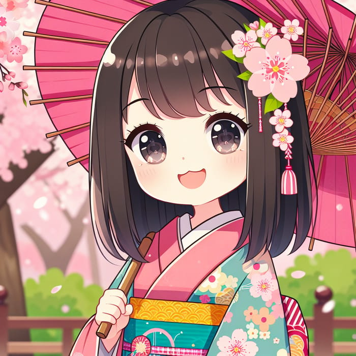 Shinobu: Cute Girl in Traditional Kimono with Pink Umbrella