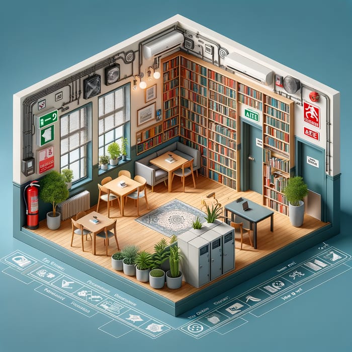 Modern Single-Room Library: 3D Design with Safety Features