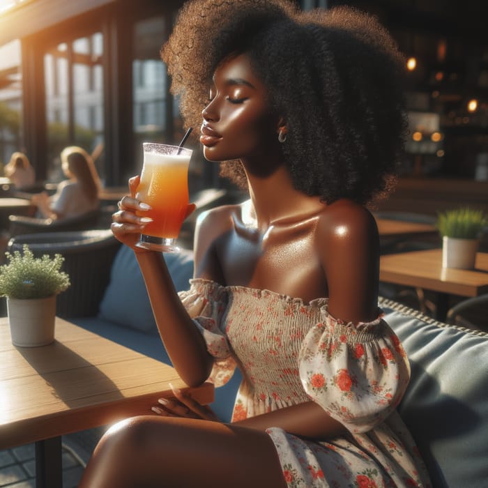 Tranquil Afternoon: Black Woman Savoring Fresh Juice at Cafe Patio