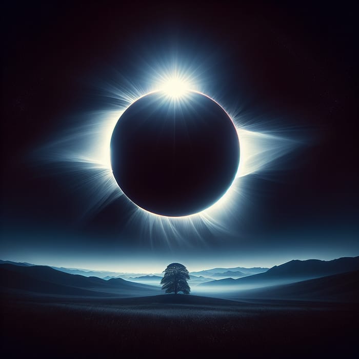 Majestic Solar Eclipse with Radiant Halo over Rolling Hills