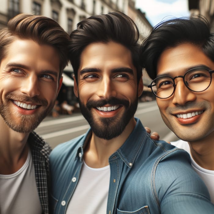 Diverse Group of Happy Men Taking a Selfie | Street Scene