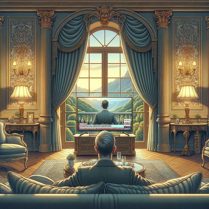 Elegant Window View: Wealthy Man Engrossed in News on Big Screen TV
