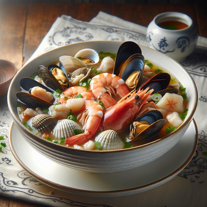Seafood Soup in Porcelain Bowl - Fresh Shrimps, Clams & Mussels 8K
