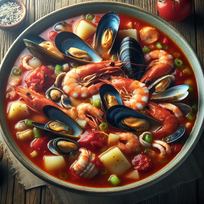 Delicious Seafood Soup in Bowl - 8k Resolution | Rustic Setting