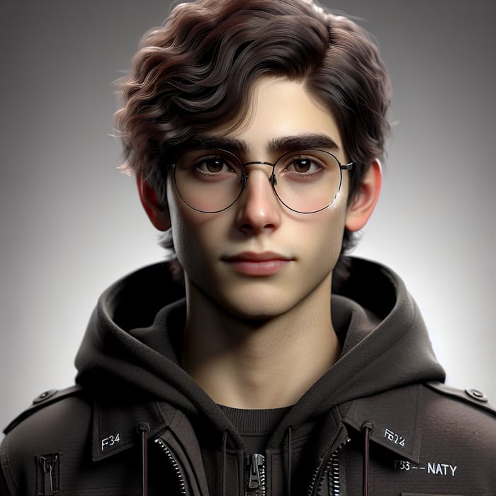 Dark Mood Young Boy with Wavily Dark Brown Hair and Circular Glasses