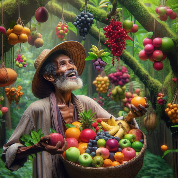 Fruit Gatherer in a Lush South Asian Forest