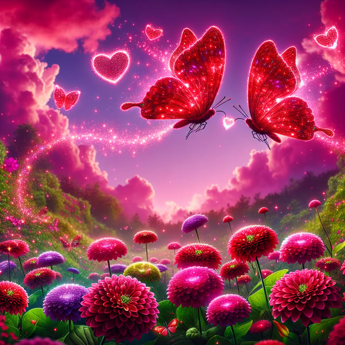Butterfly Kisses: Glowing Love Hearts in a Romantic Garden Scene
