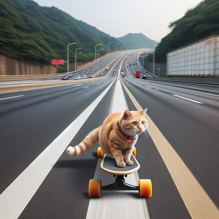 Cat Skateboarding on High-Speed Highway - Adorable Feline Stunt