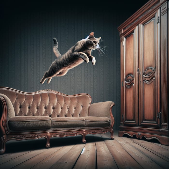 Feline Mid-Leap to Vintage Wardrobe | Cinematic HD Image