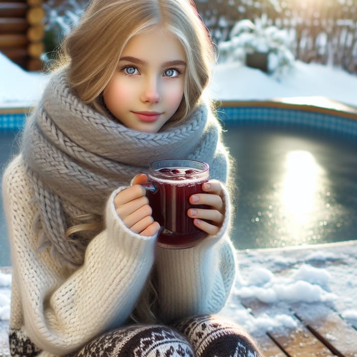 Scandinavian Girl Enjoying Warm Drink by Frozen Pool