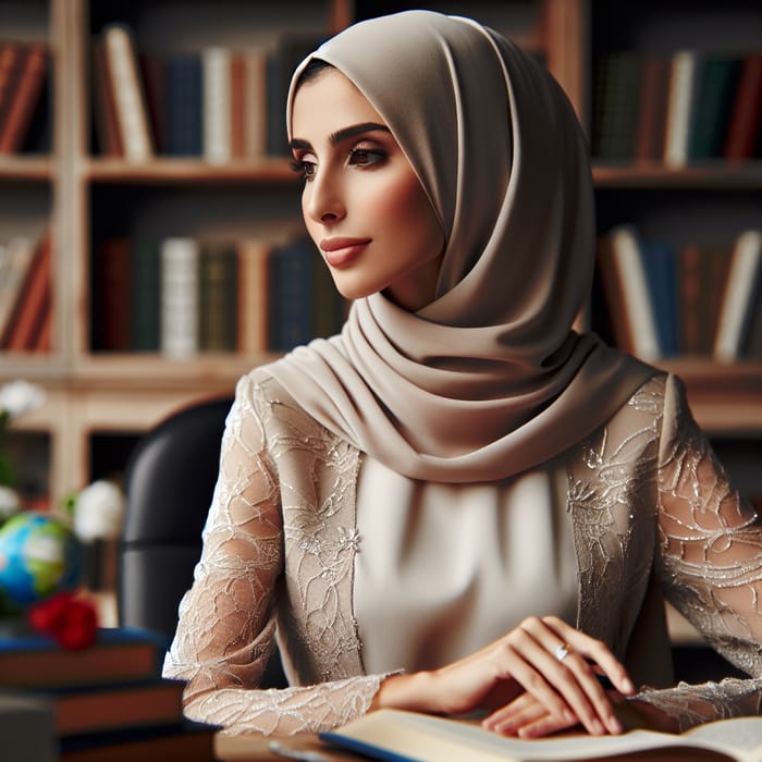 Elegant Hijabi Teacher at Desk with Library Background