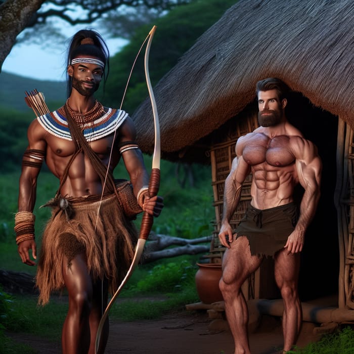 African Tribal Woman and Muscular Husband Returning Home from Hunting