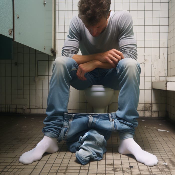 Man in Jeans and White Socks in Dirty Restroom