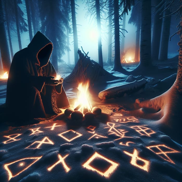 Enigmatic Dark Shaman in Snowy Forest - Mystical Runes