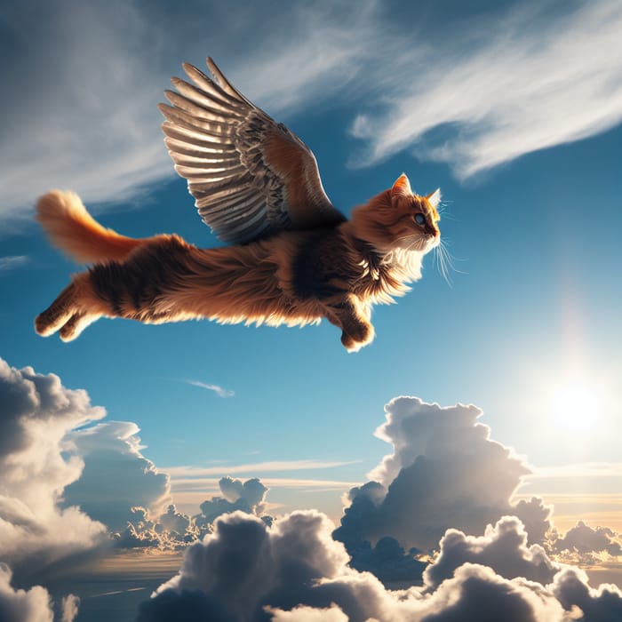 Flying Feline Soaring in Blue Sky