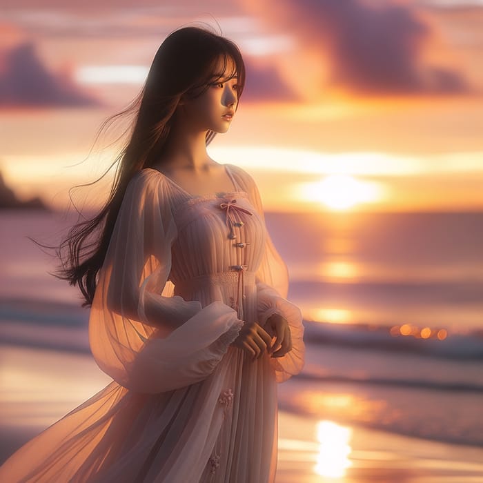 Delicate Chinese Girl at Sunrise Beach | Serene Beauty