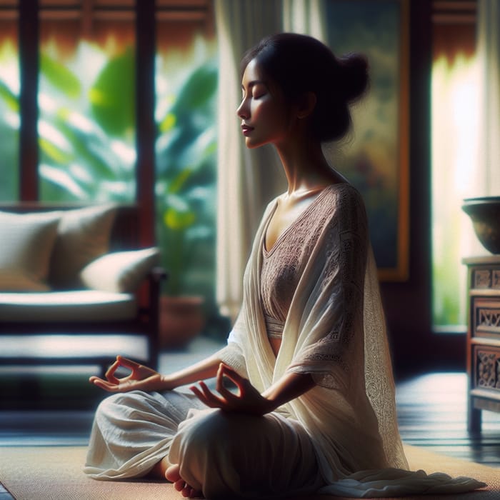 Serene Indian Lady Meditating in Impressionist Style, Zen-inspired Retreat, AI Art Generator