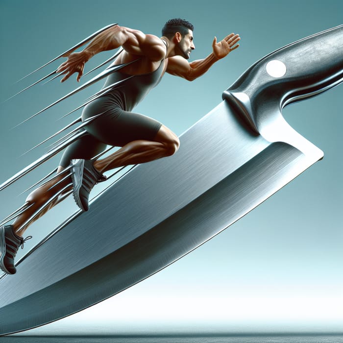 Hispanic Male Athlete Sprinting on Giant Knife - Striking Image