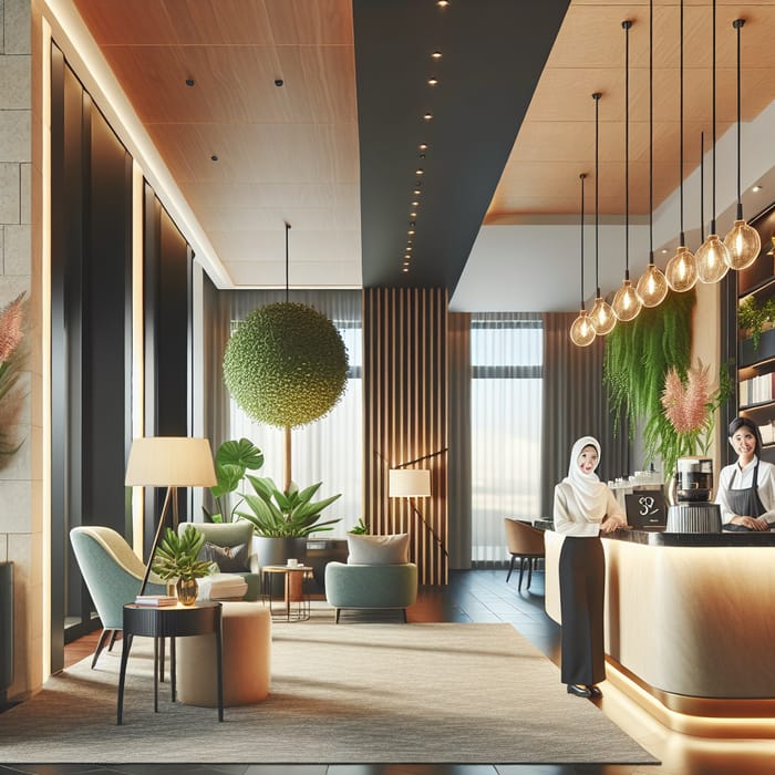 Modern Cozy Hotel Lifestyle: Plant-filled Reception & Coffee Corner