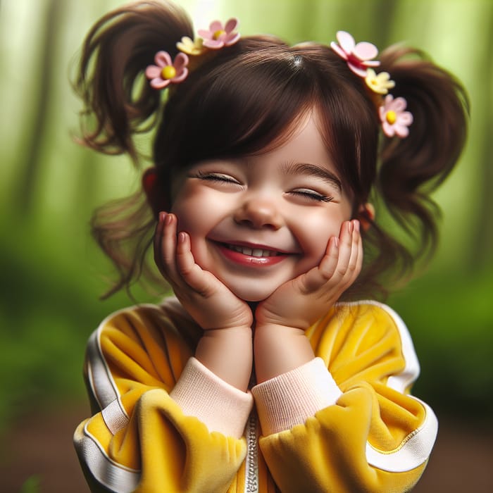 Adorable Brown-Haired Toddler in Yellow Tracksuit with Pigtails and Flower Clips