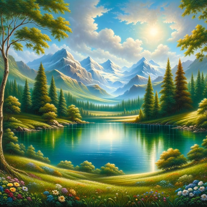 Serenity in Nature: Crystal Clear Blue Lake Landscape Painting