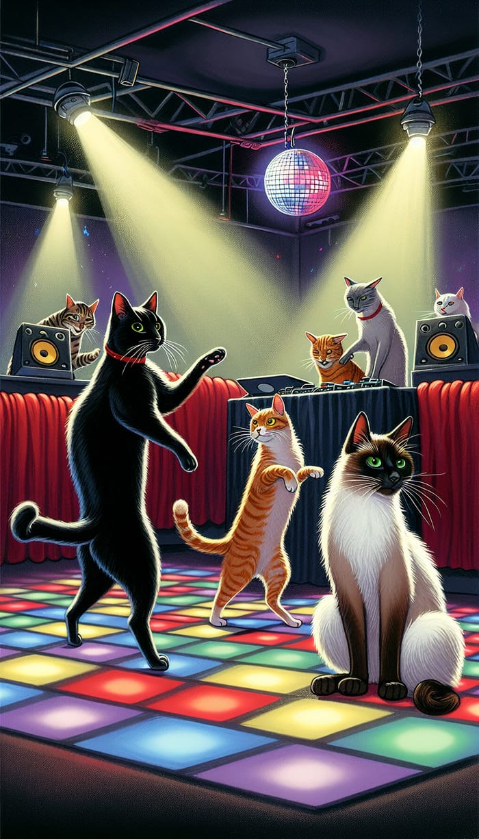 Cats Dancing at Nightclub - Energetic Feline Party