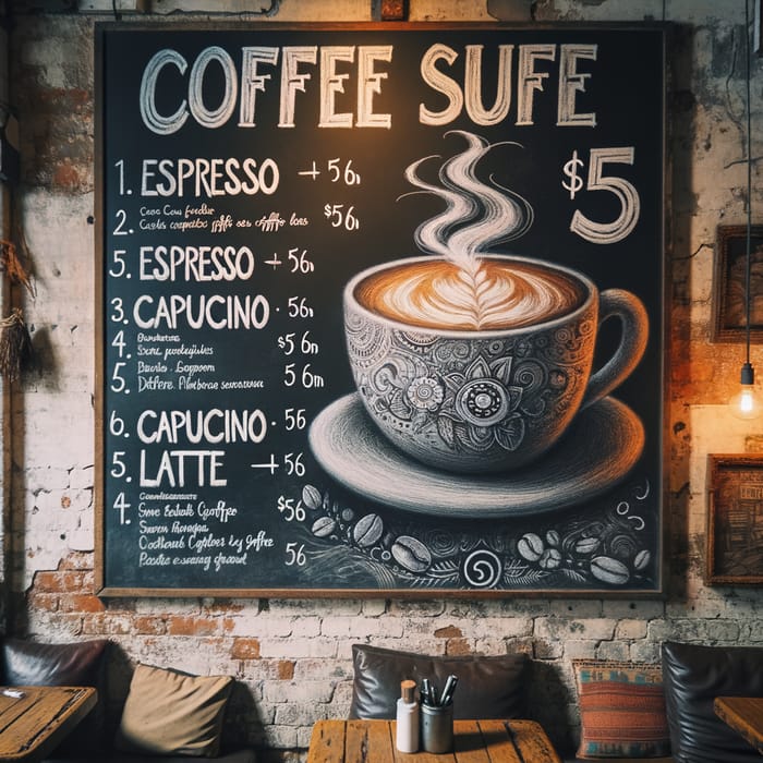 Coffee Menu: Espresso, Cappuccino, Latte | $5 Offer
