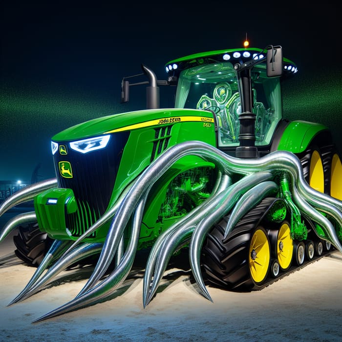 Futuristic John Deere Tractor with LED Lights and Metallic Tentacles