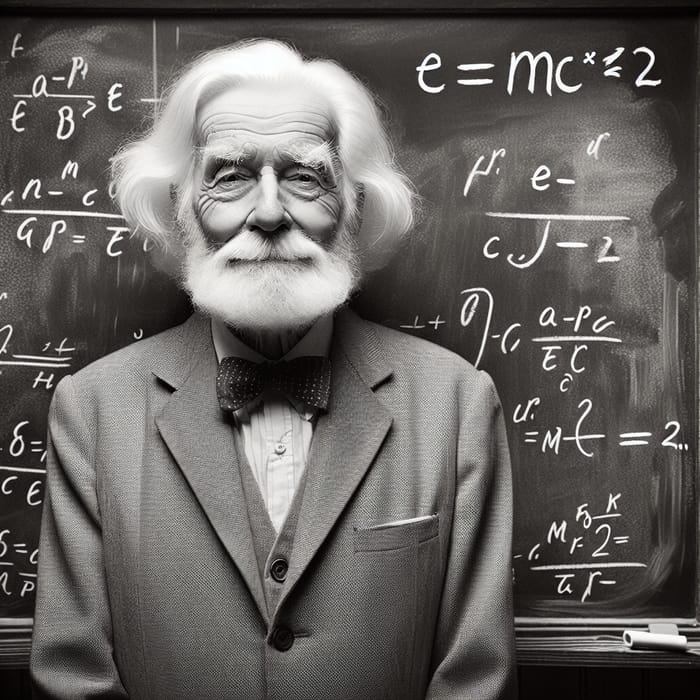Albert Einstein with E=mc^2 on Blackboard