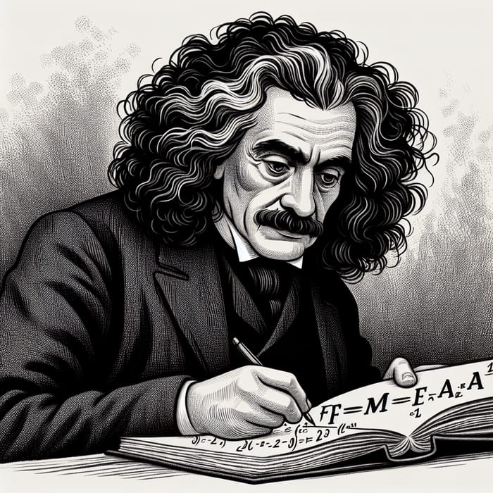 Isaac Newton Writing F=ma Equation with Curly Black Hair