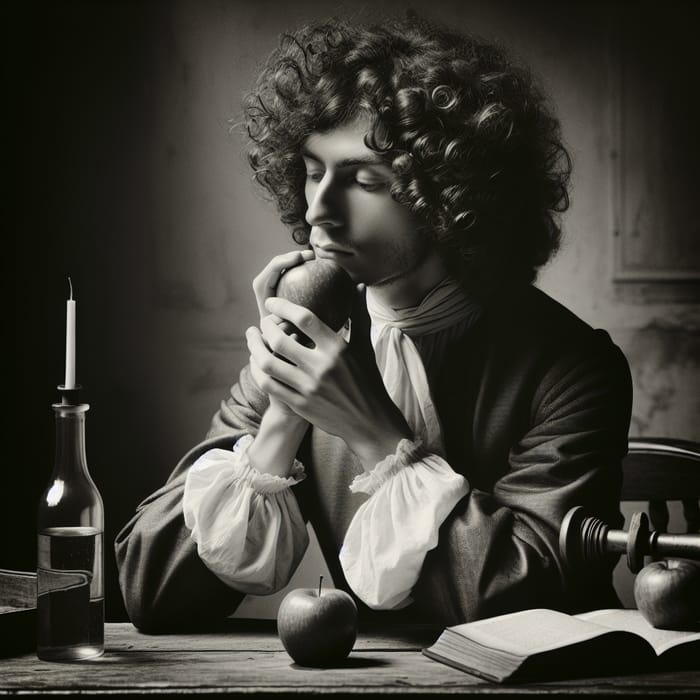 Isaac Newton in Black and White Portrait Eating Apple