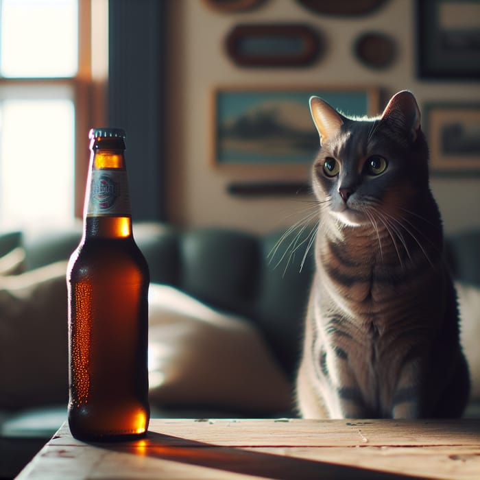 Curious Gray Cat and Closed Beer Bottle - Cozy Scene