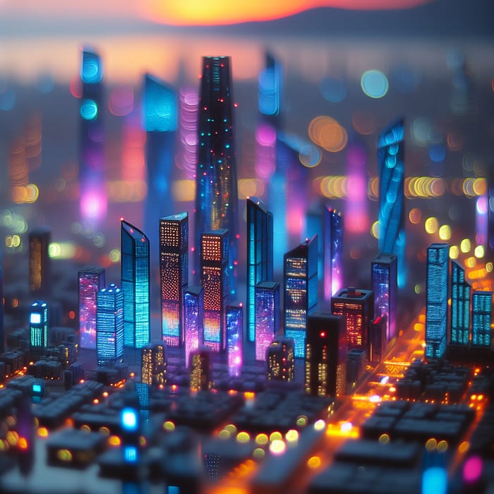 Futuristic Cyberpunk Cityscape - Neon Sunset Tilt-Shift Lens