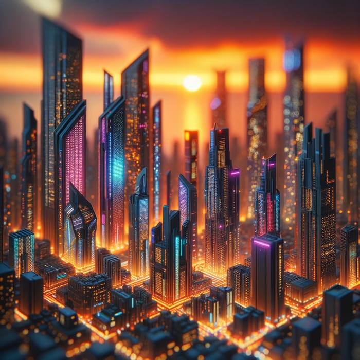 Futuristic Cityscape at Sunset with Tilt-Shift Lens & Neon Lights