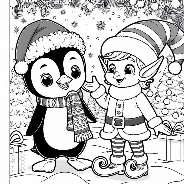 Coloring Page: Festive Penguin and Elf Coloring Sheet