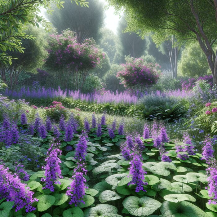 Vibrant Garden with Violet Flowers in Full Bloom
