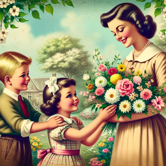 Vintage Spring Celebration: Children Gifting Flowers on 8th March