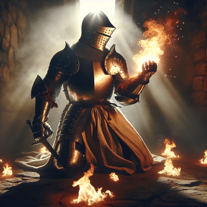 Hispanic Armored Knight Rising with Fire | Medieval Scene
