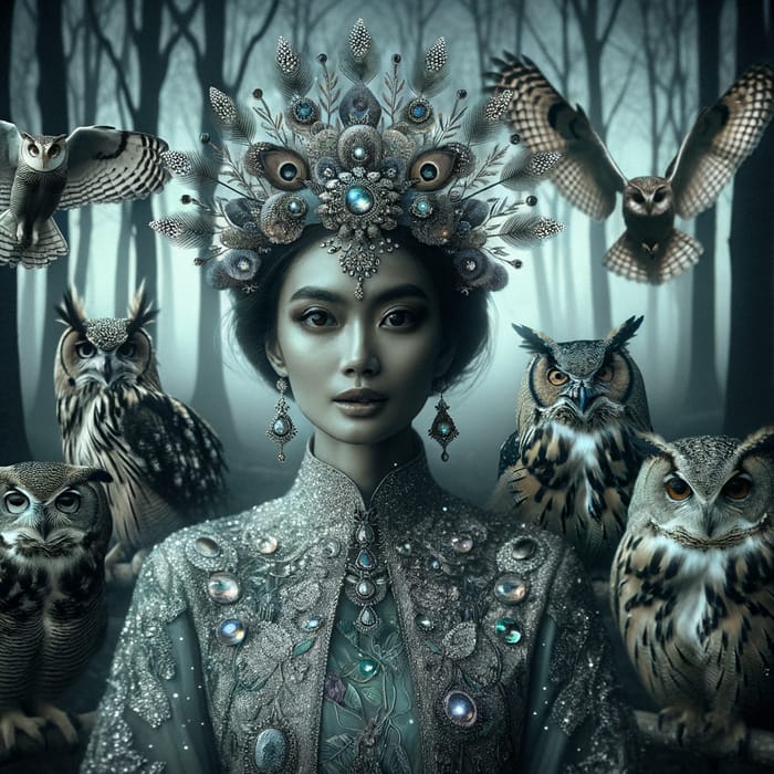 Majestic Queen of Owls in Twilight Forest